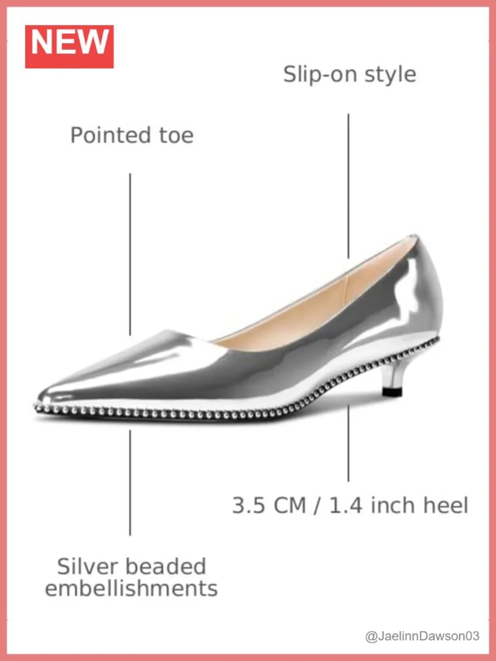 Silver Beaded Kitten Heel Pumps for Women Pointed Toe Slip-On Dress Shoes 1.4